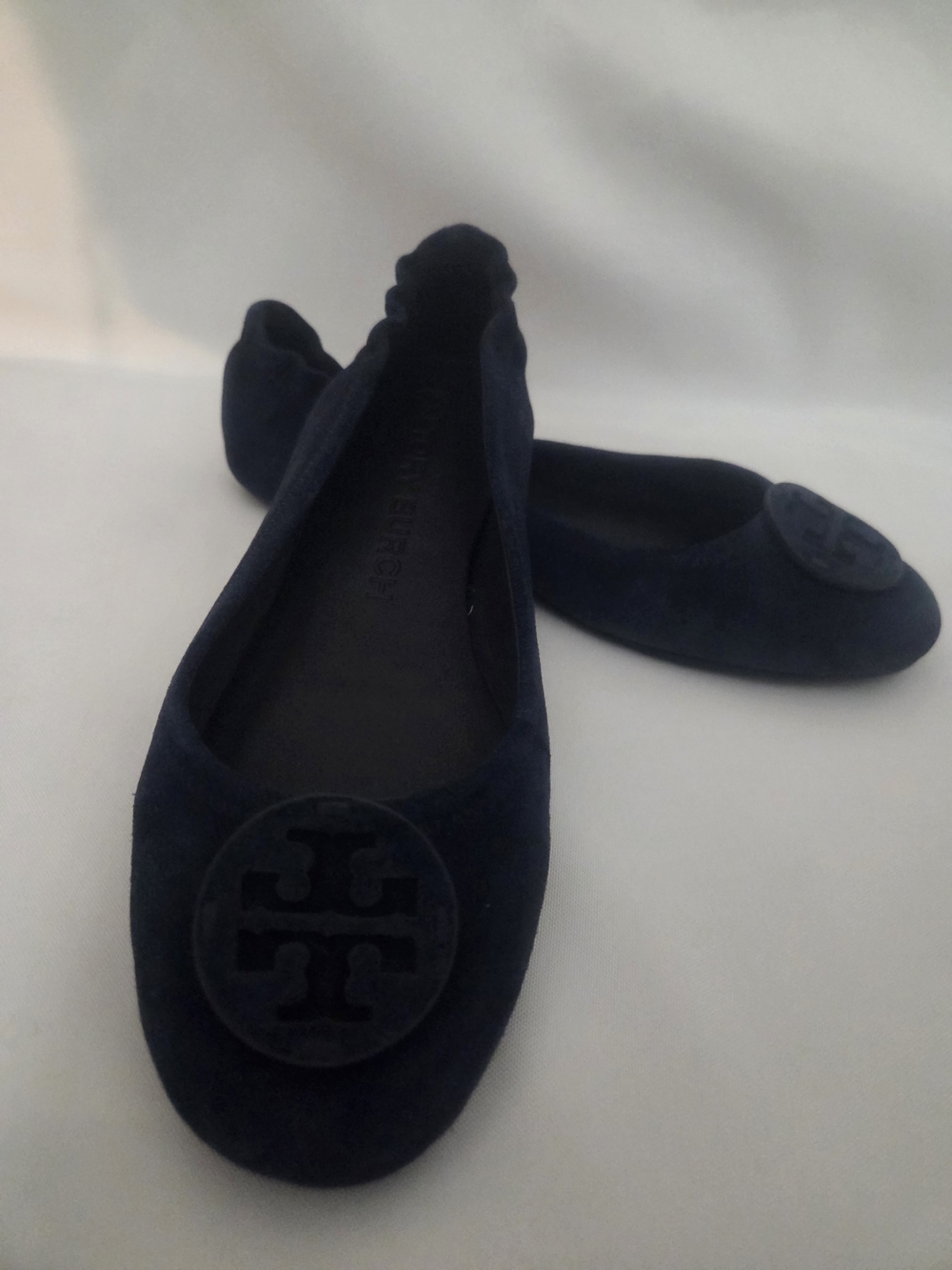 Burberry Navy Suede Ballet Flats with Logo Medallion